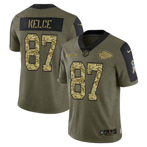Men's Kansas City Chiefs #87 Travis Kelce 2021 Olive Camo Salute To Service Limited Stitched Jersey